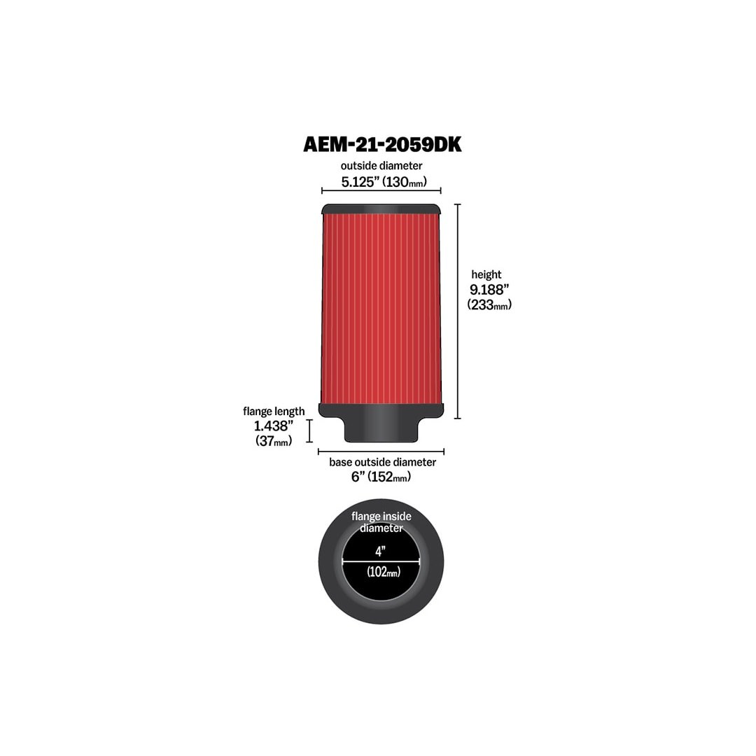 Aem Induct Air Filter, Dryflow ®, Washable, Red, Non-Woven Synthetic, Round, 9 Inch Length, 4 Inch Diameter – 21-2059DK