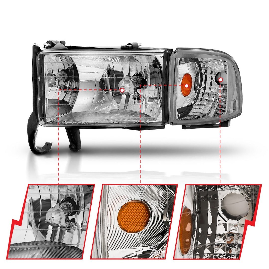 Anzo USA Headlight Assembly, Crystal Clear, Halogen Bulb, Standard Beam, 9004 Bulb, Clear Lens, Chrome Housing, Set of 2 – 111068