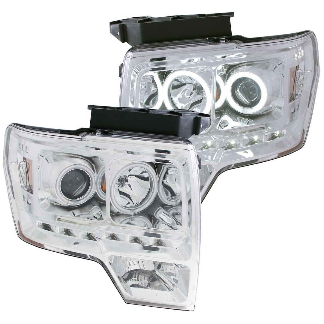 Anzo USA Headlight Assembly, Halogen Bulb, Projector Beam with Halo, High Beam H1/ Low Beam H7 White Bulb, Clear Lens, Chrome Plated Housing – 111297