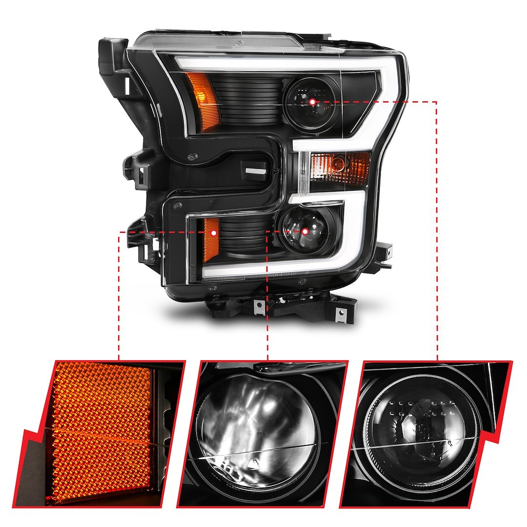 Anzo USA Headlight Assembly, Halogen Bulb, Projector Beam/ Double Plank Switchback Style with White/ Amber Daytime Running Light – 111357