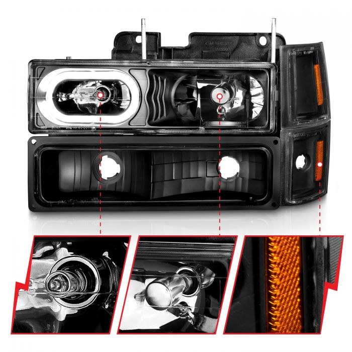 Anzo USA Headlight Assembly, Crystal, Halogen Bulb, Standard Beam, Clear Bulb, Clear Lens, Black Housing, Set of 8 – 111507