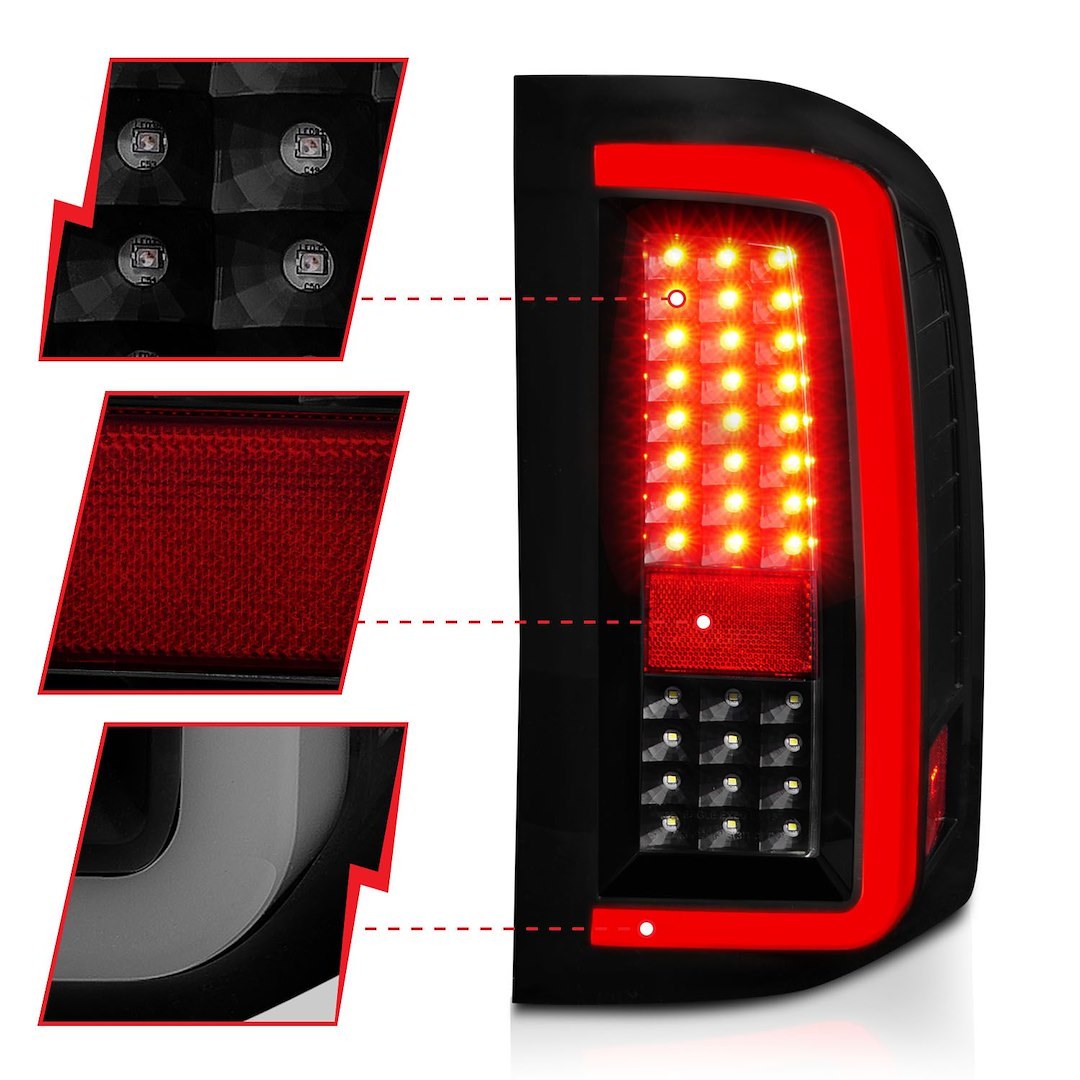 Anzo USA Tail Light Assembly, LED, Smoke Lens, Black Housing, Clear Bulb, With White Light Bar, Set of 2 – 311381