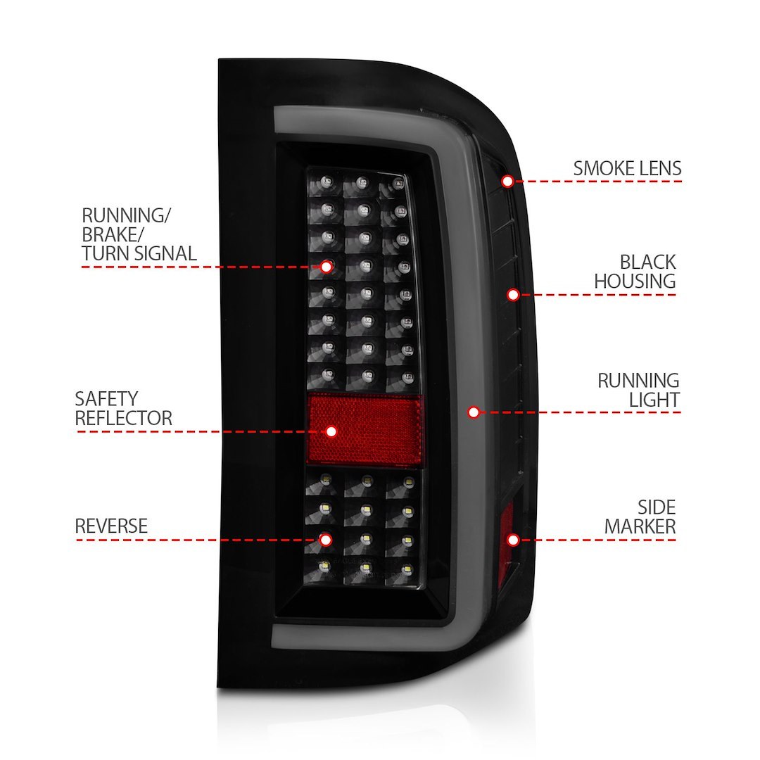 Anzo USA Tail Light Assembly, LED, Smoke Lens, Black Housing, Clear Bulb, With White Light Bar, Set of 2 – 311381