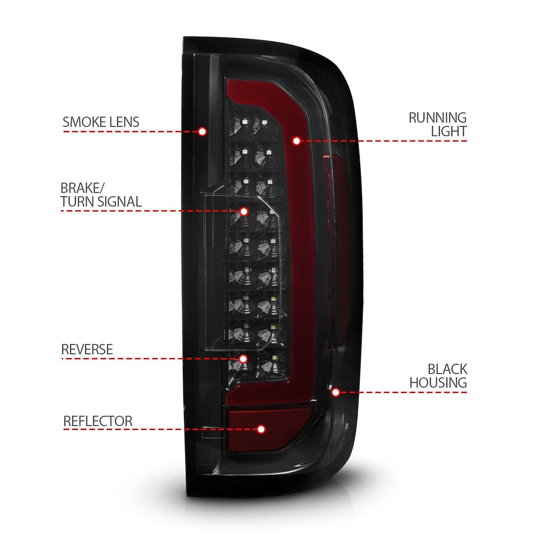 Anzo USA Tail Light Assembly, LED, Smoke Lens, Black Housing, Red/ White, Set of 2, With C Light Bar – 311433