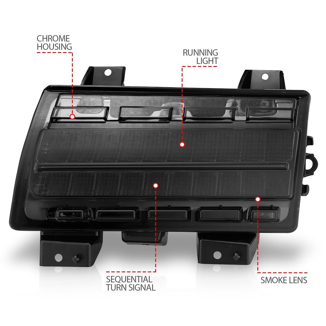 Anzo USA Side Marker Light – LED, Fender Mount, Smoke Lens, Chrome Trim, With Sequential Turn Signal, Set of 2 – 511087