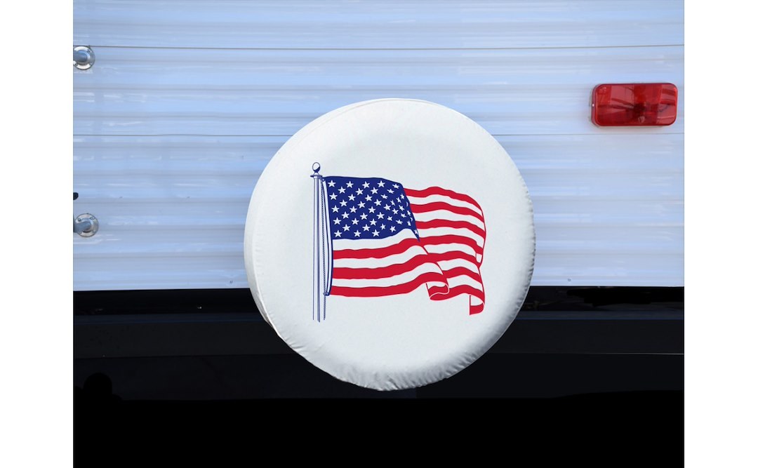 Adco Spare Tire Cover, Fits 27 Inch Diameter Tires, Us Flag Printed Design, White, Vinyl, With Hollow Bead Welt Cord and Elasticized Back – 1787