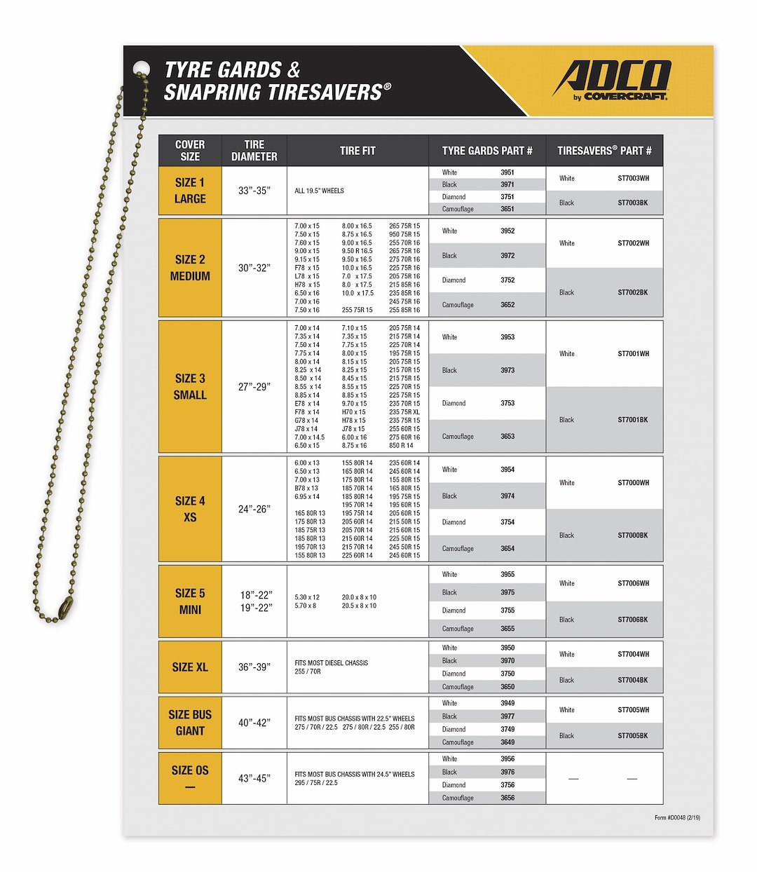 Adco Point of Purchase Display, Tyre Gard/Tire Cover Hanging Fit Chart – D0048