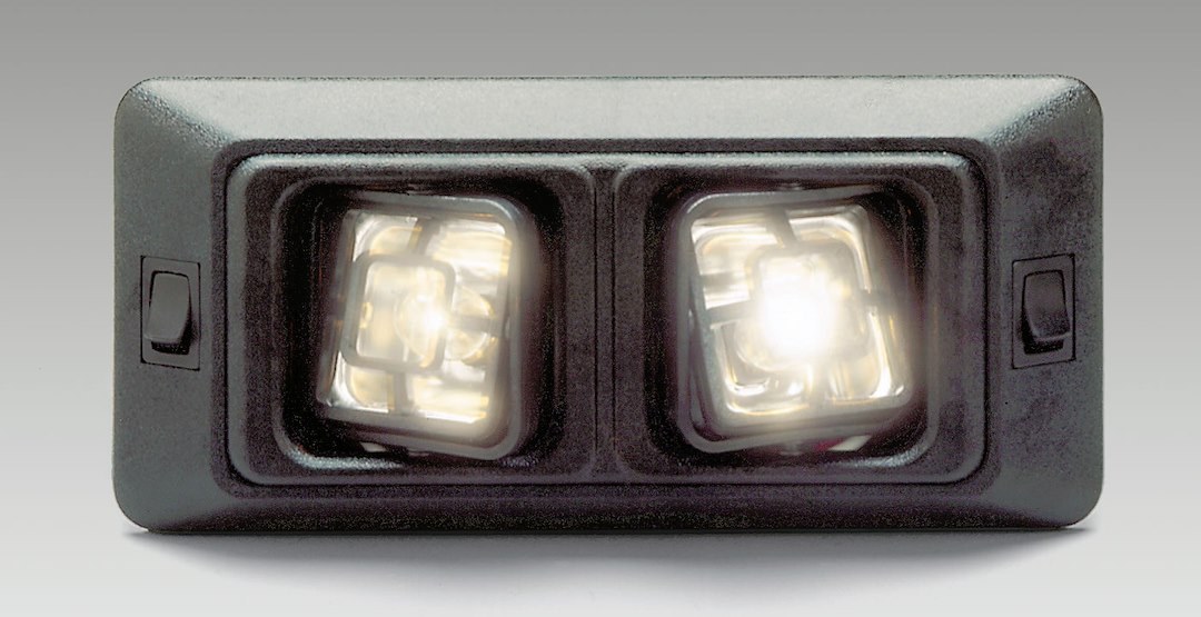 AP Products Courtesy Light, Clear Lens, 12 Volt DC, Resists Deformation and Breakage, Ceiling Mount, Black, Plastic, Double Light – 005-726-02-2