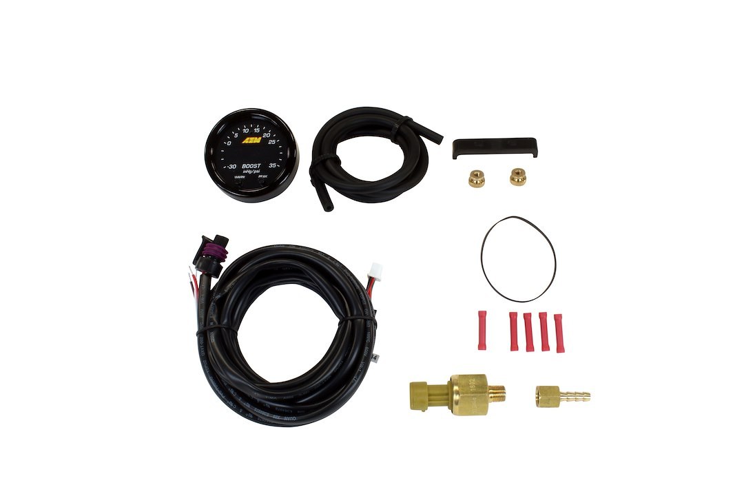 Aem Electron Gauge Boost, X Series, 2-1/16 Inch, Electrical, -30 to 35 PSI, Digital Display, With Black Bezels/ Black Faceplates, LED – 30-0306