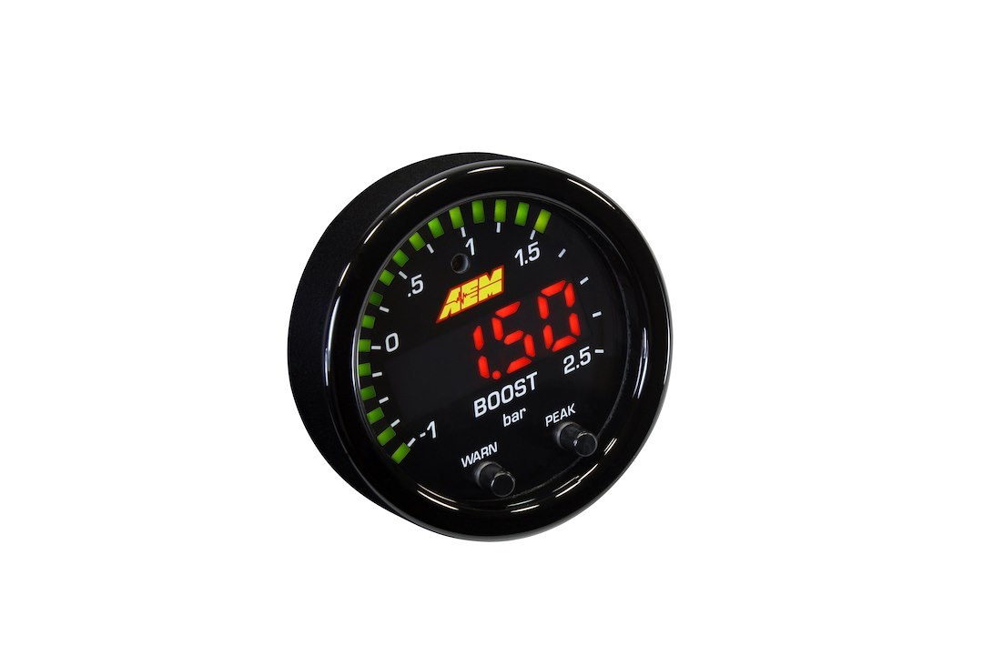 Aem Electron Gauge Boost, X Series, 2-1/16 Inch, Electrical, -30 to 35 PSI, Digital Display, With Black Bezels/ Black Faceplates, LED – 30-0306