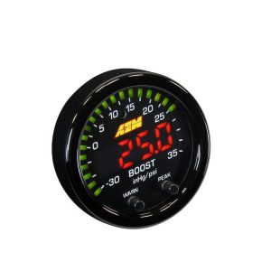 Aem Electron Gauge Boost, X Series, 2-1/16 Inch, Electrical, -30 to 35 PSI, Digital Display, With Black Bezels/ Black Faceplates, LED – 30-0306