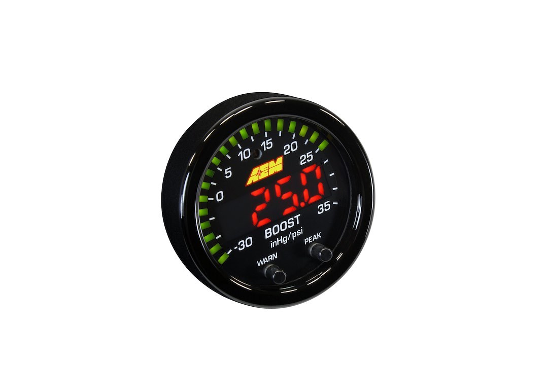 Aem Electron Gauge Boost, X Series, 2-1/16 Inch, Electrical, -30 to 35 PSI, Digital Display, With Black Bezels/ Black Faceplates, LED – 30-0306