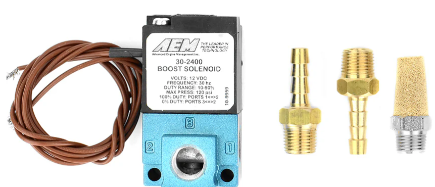 Aem Electron Turbocharger Boost Solenoid, With Fittings/ Sintered Muffler/ Solenoid/ Wiring Harness – 30-2400