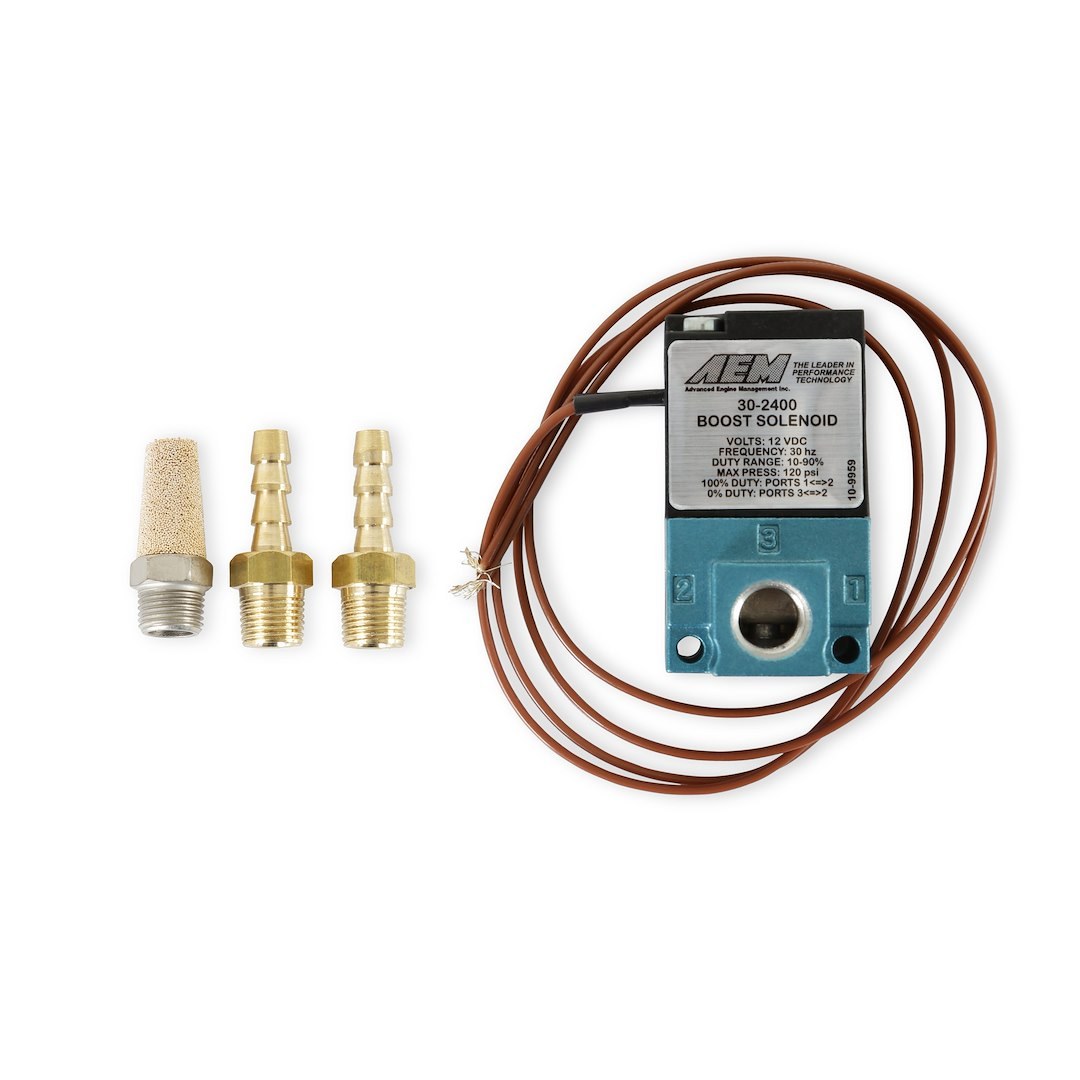 Aem Electron Turbocharger Boost Solenoid, With Fittings/ Sintered Muffler/ Solenoid/ Wiring Harness – 30-2400