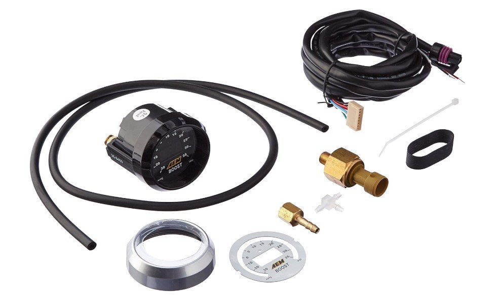 Aem Electron Gauge Boost, 52 Millimeter, Electrical, -30 to 35 PSI, Digital Display, With White Face/Silver Bezel, LED – 30-4406