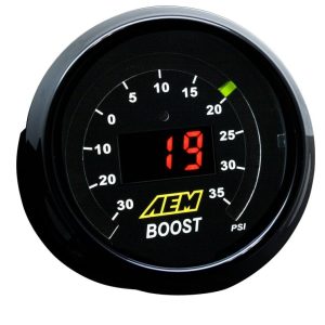 Aem Electron Gauge Boost, 52 Millimeter, Electrical, -30 to 35 PSI, Digital Display, With White Face/Silver Bezel, LED – 30-4406
