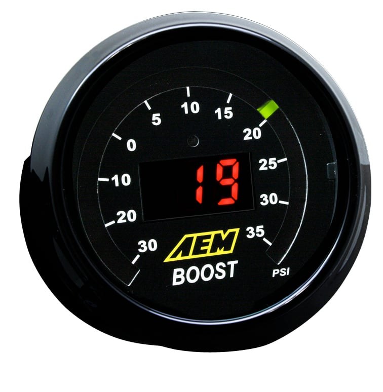 Aem Electron Gauge Boost, 52 Millimeter, Electrical, -30 to 35 PSI, Digital Display, With White Face/Silver Bezel, LED – 30-4406