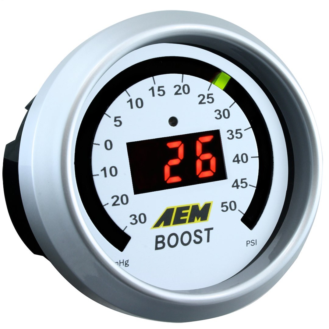 Aem Electron Gauge Boost, 52 Millimeter, Electrical, -30 to 35 PSI, Digital Display, With White Face/Silver Bezel, LED – 30-4406