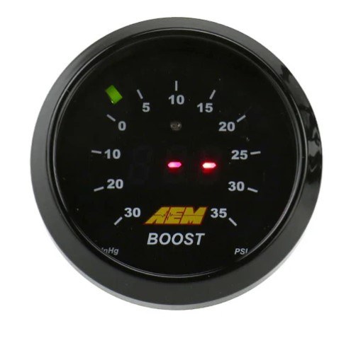 Aem Electron Gauge Boost, 52 Millimeter, Electrical, -30 to 35 PSI, Digital Display, With White Face/Silver Bezel, LED – 30-4406
