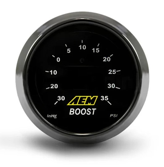 Aem Electron Gauge Boost, 52 Millimeter, Electrical, -30 to 35 PSI, Digital Display, With White Face/Silver Bezel, LED – 30-4406
