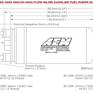 Aem Electron Fuel Pump Electric, Gasoline, 380 Lph at 43 PSI, 60 Millimeter Outside Diameter, Without Regulator, 6 – 18 Volts – 50-1005