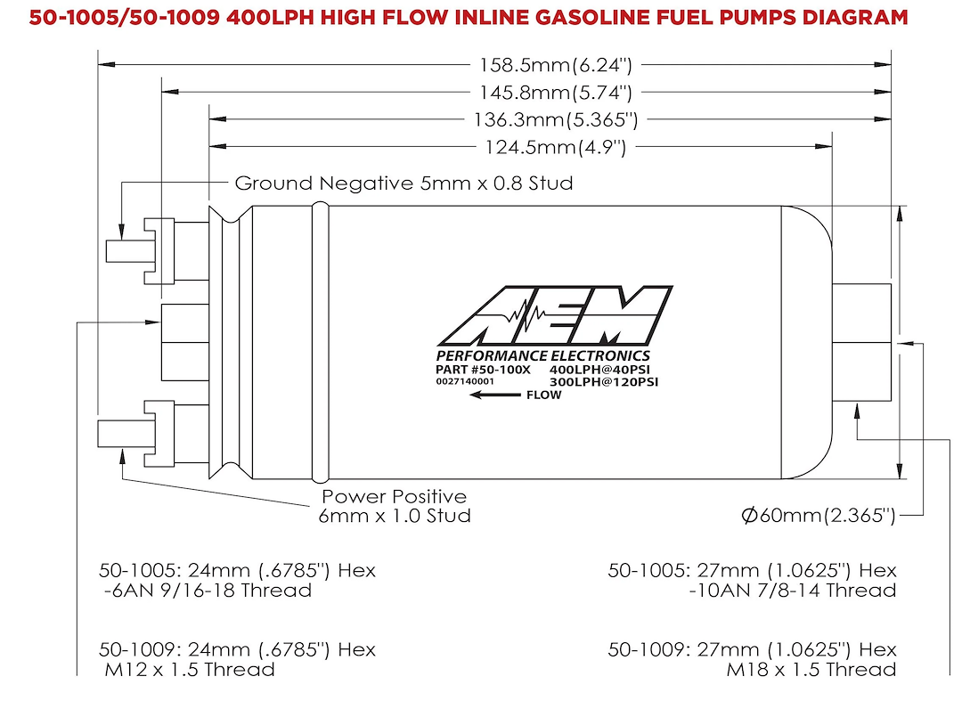 Aem Electron Fuel Pump Electric, Gasoline, 380 Lph at 43 PSI, 60 Millimeter Outside Diameter, Without Regulator, 6 – 18 Volts – 50-1005