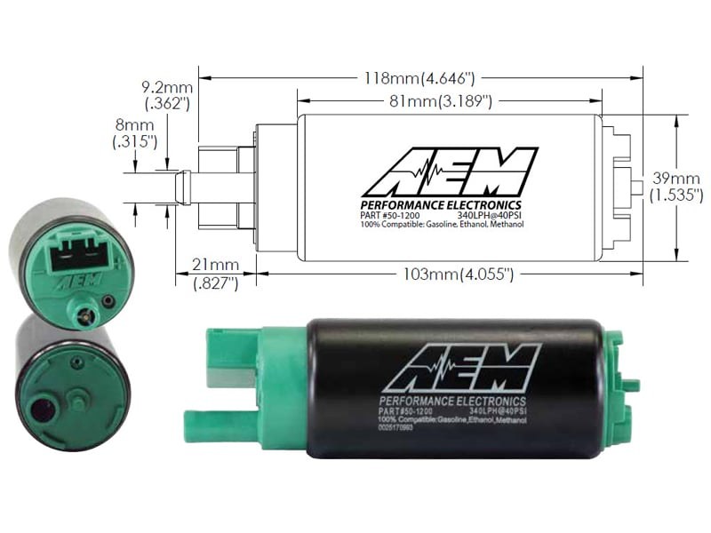 Aem Electron Fuel Pump Electric, E85, 320 Lph at 43 PSI, Without Regulator – 50-1200