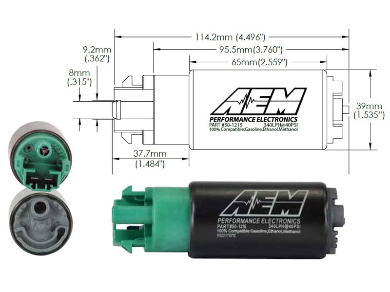 Aem Electron Fuel Pump Electric, 320 Lph at 43 PSI, 65 Millimeter Body/ 11.0 Millimeter Outside Diameter Inlet/, 13.5 Volts – 50-1215