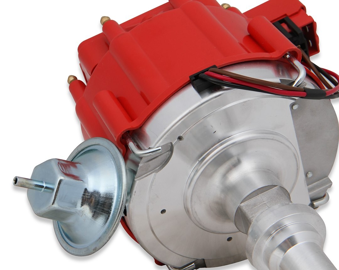 Accel Distributor, Chevy Big/Small Block, Magnetic Trigger, Vacuum and Mechanical Advance, With Steel Gear, Red Cap, With Hei/Male Posts – 59107C