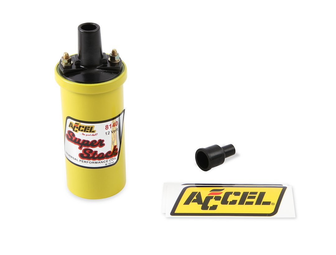 Accel Ignition Coil, Superstock, Canister, 42000 Volts, 1.400 Ohms Primary Resistance/9.2K Ohms Secondary Resistance/94:1 Turns Ratio, Yellow – 8140
