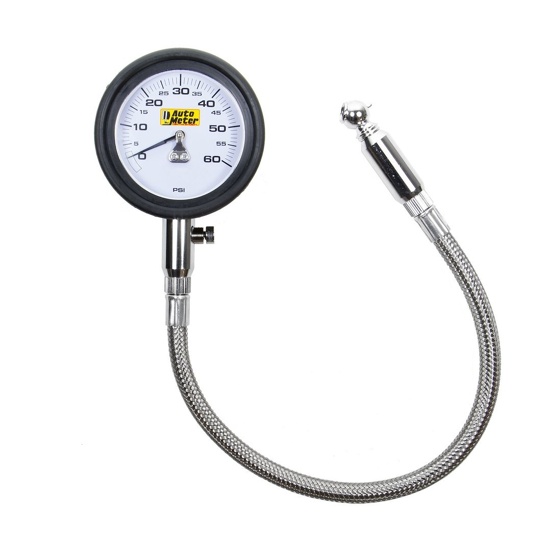 AutoMeter Tire Pressure Gauge, Traditional Chrome, 2-1/2 Inch White Analog Dial, 14 Inch Hose, 0-60 Pounds Per Square Inch (PSI) – 2160