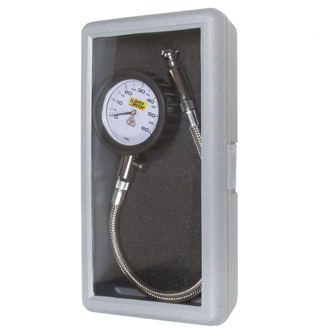 AutoMeter Tire Pressure Gauge, Traditional Chrome, 2-1/2 Inch White Analog Dial, 14 Inch Hose, 0-60 Pounds Per Square Inch (PSI) – 2160