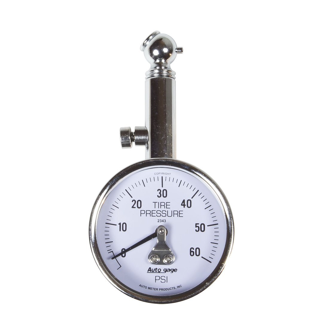 AutoMeter Tire Pressure Gauge, Autogage ®, 1-1/2 Inch White Analog Dial, Angled Chuck, 0-60 Pounds Per Square Inch (PSI), Metal – 2343