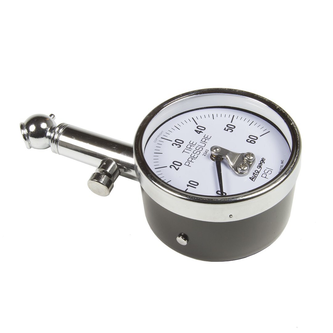 AutoMeter Tire Pressure Gauge, Autogage ®, 1-1/2 Inch White Analog Dial, Angled Chuck, 0-60 Pounds Per Square Inch (PSI), Metal – 2343