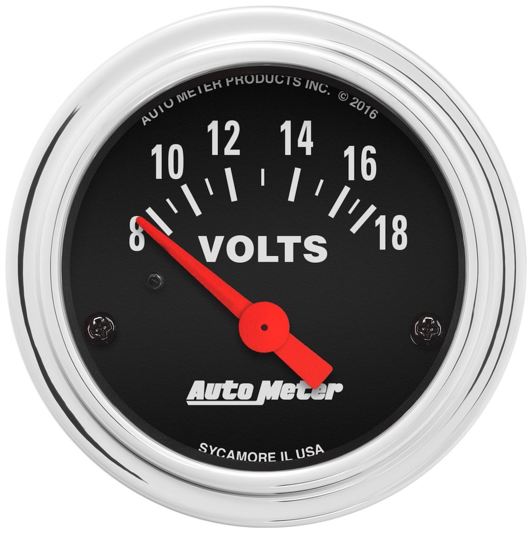 AutoMeter Gauge Voltmeter, Traditional, 2-1/16 Inch, Short Sweep Electric, Analog, 8-18 Volts, Black Face/ Chrome Bezel/ Orange Needle – 2592