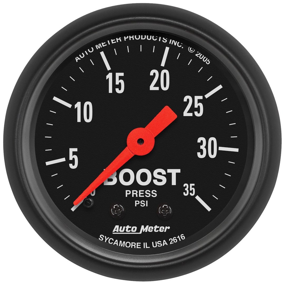 AutoMeter Gauge Boost, Z-Series ™, 2-1/16 Inch, Full Sweep Mechanical, 0-35 PSI, Analog, Black Face/ Black Bezel/ Red Needle, Illuminated – 2616