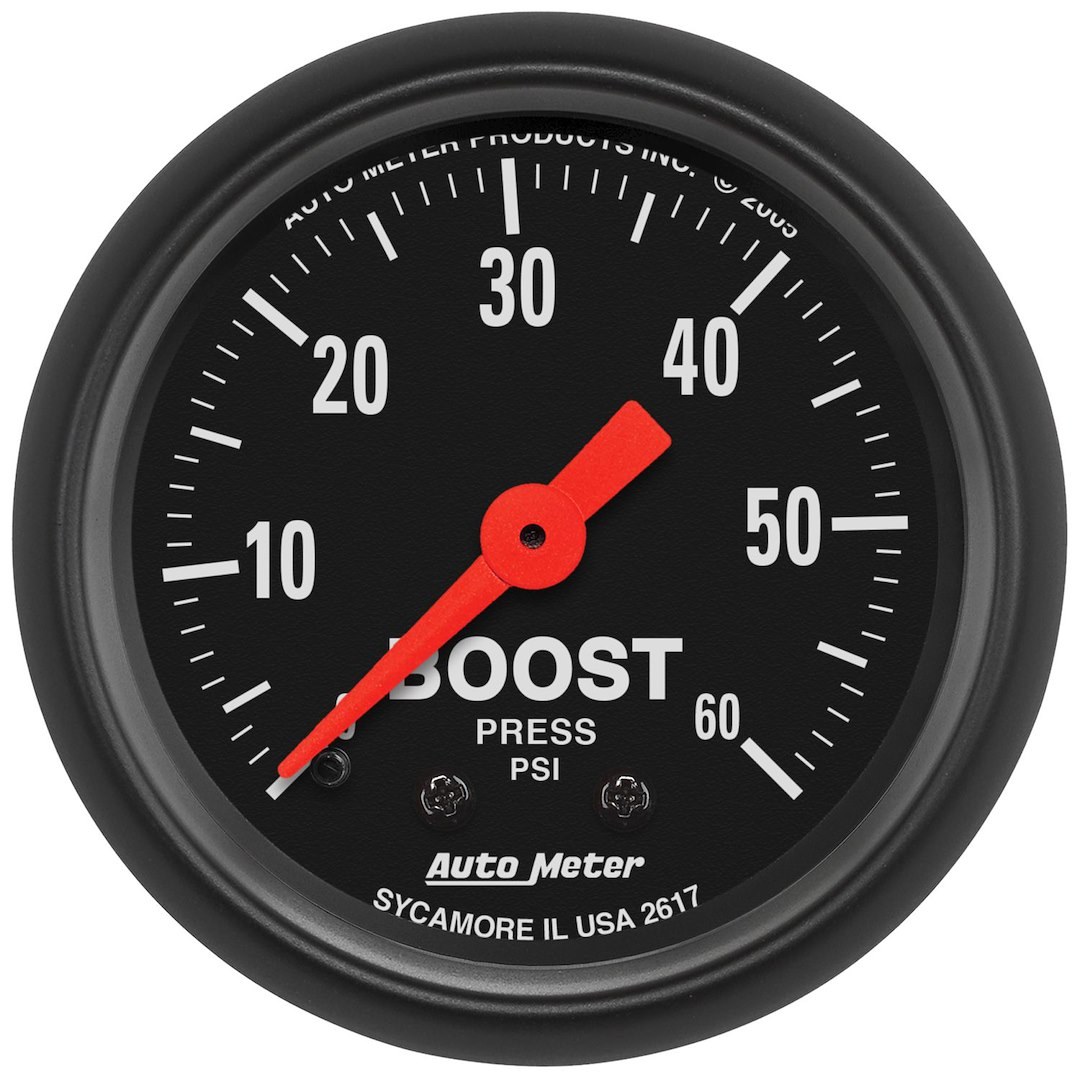 AutoMeter Gauge Boost, Z-Series ™, 2-1/16 Inch, Full Sweep Mechanical, 0-60 PSI, Analog, Black Face/ Black Bezel/ Red Needle, Illuminated – 2617