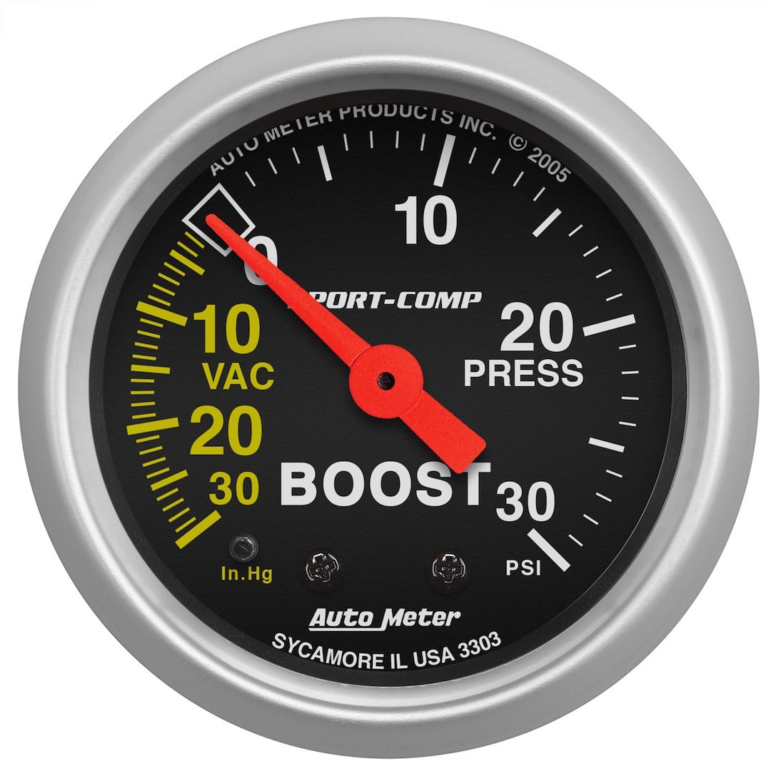 AutoMeter Gauge Boost/ Vacuum, Sport-Comp ™, 2-1/16 Inch, Full Sweep Mechanical, 30 IN. Hg-Vac/30 PSI, Analog – 3303