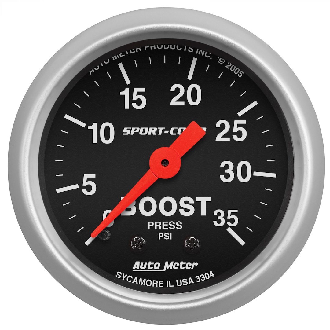 AutoMeter Gauge Boost, Sport-Comp ™, 2-1/16 Inch, Full Sweep Mechanical, 0-35 PSI, Analog, Black Face/ Brushed Bezel/ Orange Needle – 3304
