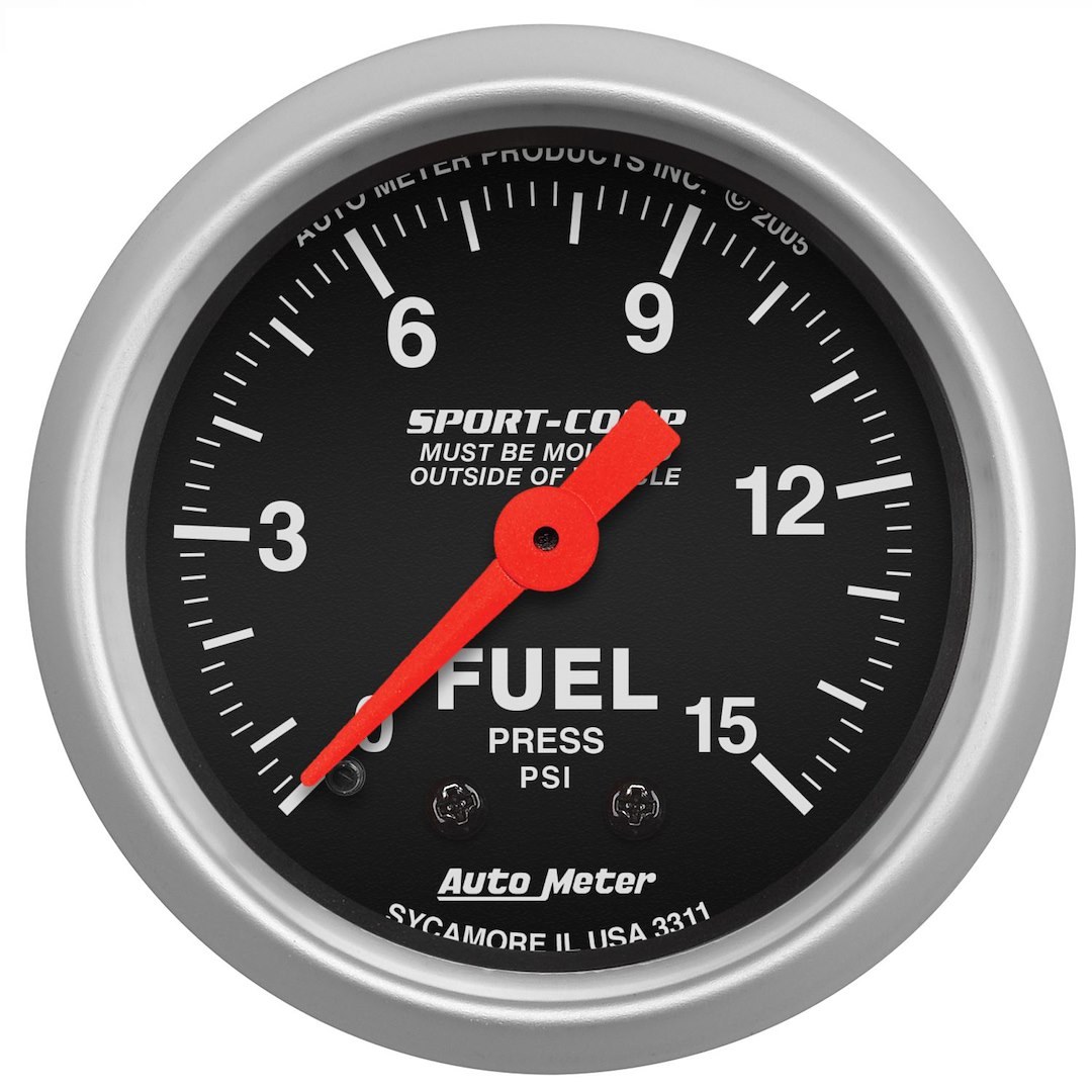 AutoMeter Gauge Fuel Pressure, Sport-Comp ™, 2-1/16 Inch, Full Sweep, 0-15 PSI, Analog, Without Isolator – 3311