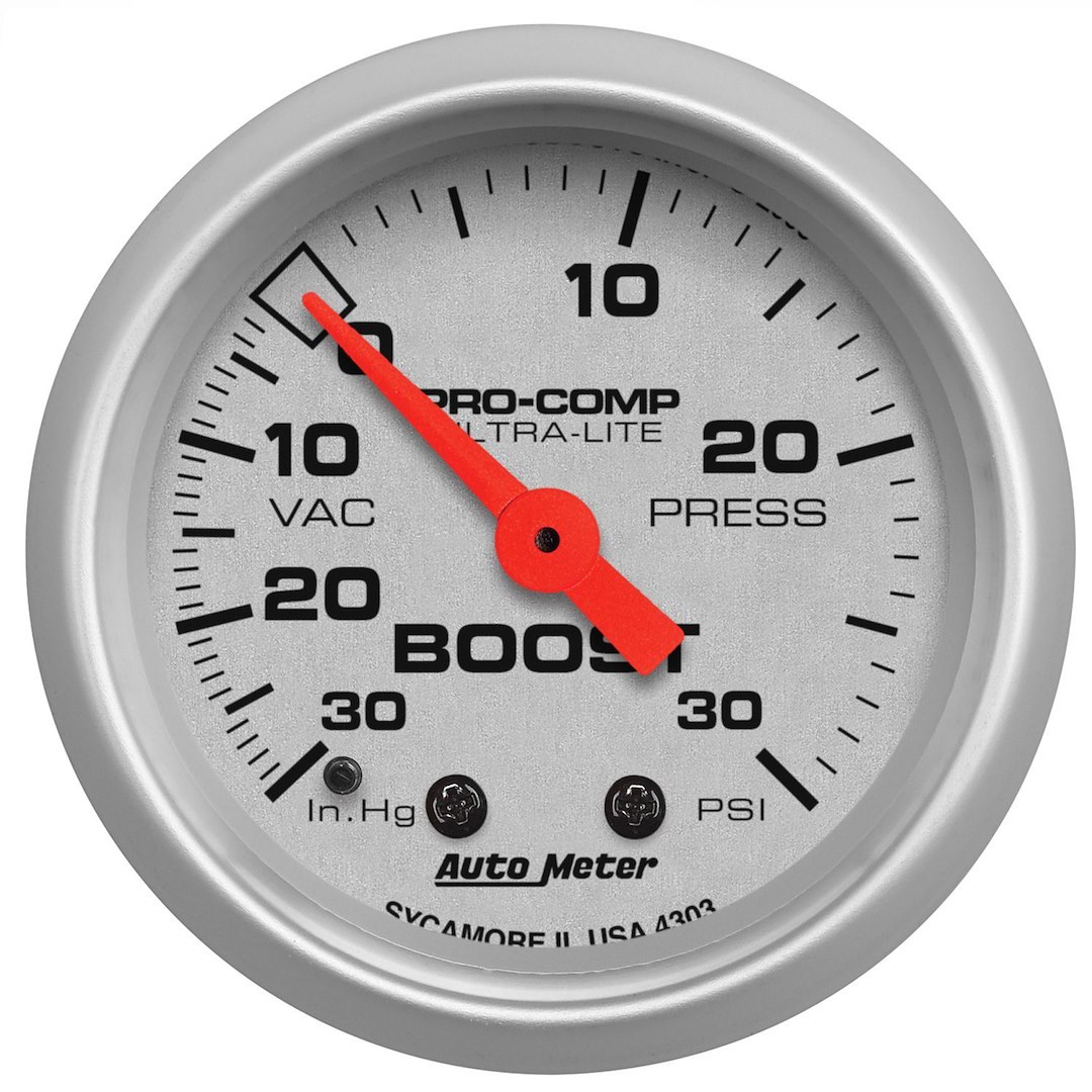 AutoMeter Gauge Boost/ Vacuum, Ultra-Lite ®, 2-1/16 Inch, Full Sweep Mechanical, 30 IN. Hg-Vac/30 PSI, Analog – 4303