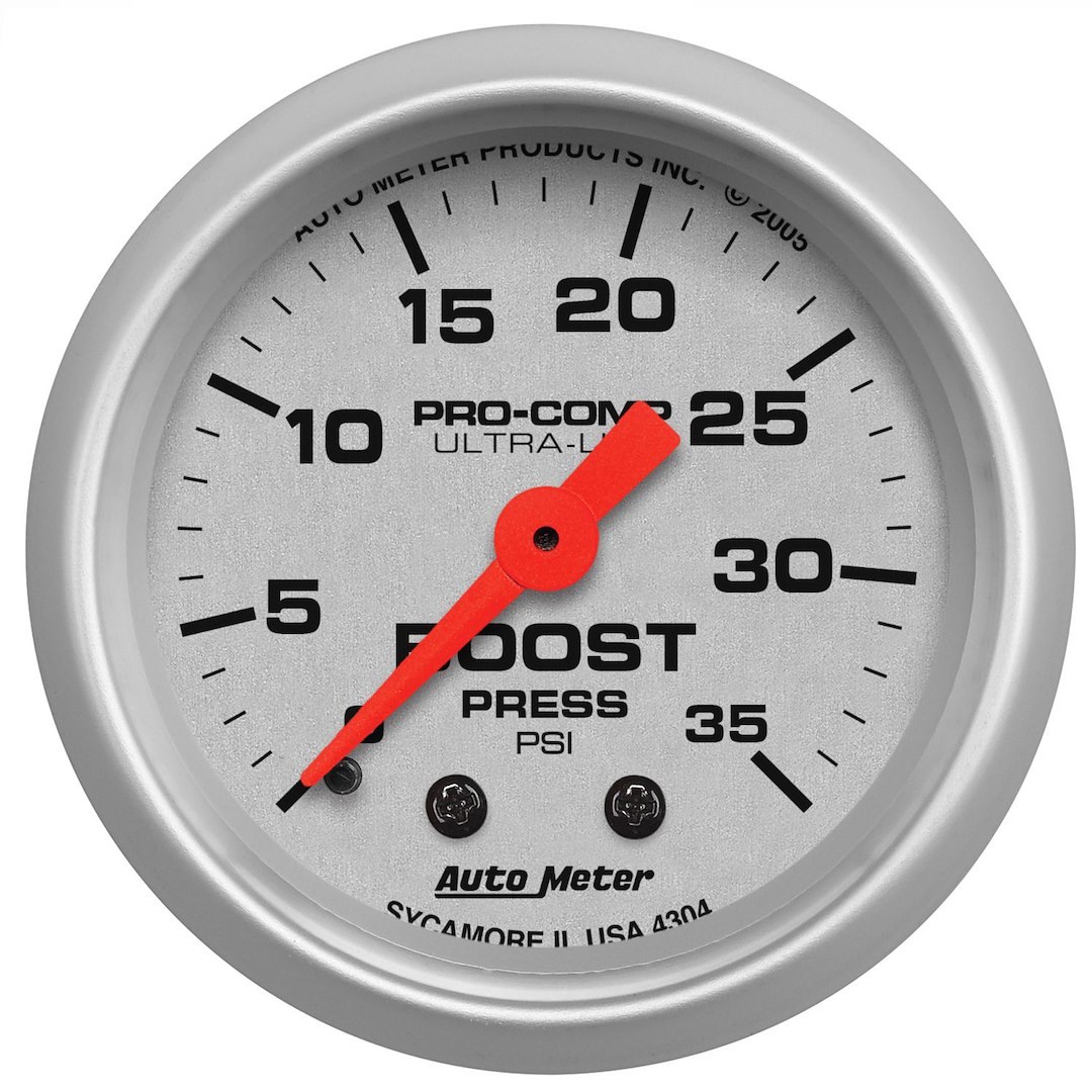 AutoMeter Gauge Boost, Ultra-Lite ®, 2-1/16 Inch, Full Sweep Mechanical, 0-35 PSI, Analog, White Face/ Brushed Bezel/ Orange Needle – 4304