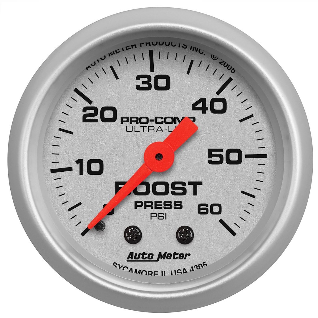 AutoMeter Gauge Boost, Ultra-Lite ®, 2-1/16 Inch, Full Sweep Mechanical, 0-60 PSI, Analog, White Face/ Brushed Bezel/ Orange Needle – 4305
