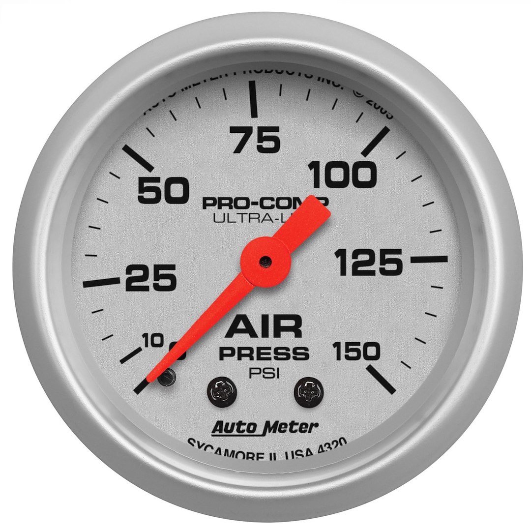 AutoMeter Gauge Air Pressure, Ultra-Lite ®, 2-1/16 Inch, Mechanical, 0-150 PSI, Analog, White Face/ Brushed Bezel/ Orange Needle, Illuminated – 4320