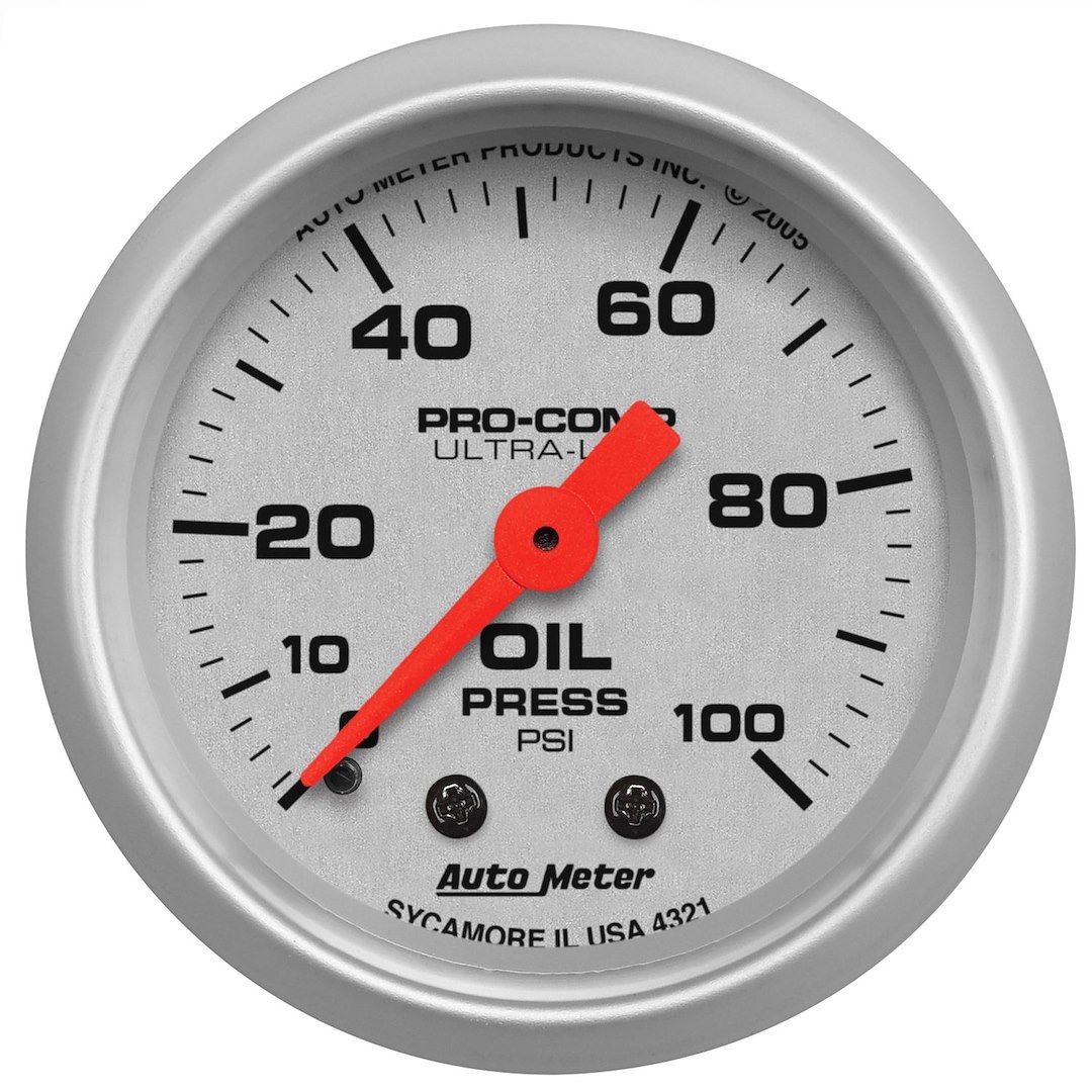 AutoMeter Gauge Oil Pressure, Ultra-Lite ®, 2-1/16 Inch, Full Sweep Mechanical, Analog, 0-100 PSI, Silver Face/ Brushed Bezel/ Orange Needle – 4321