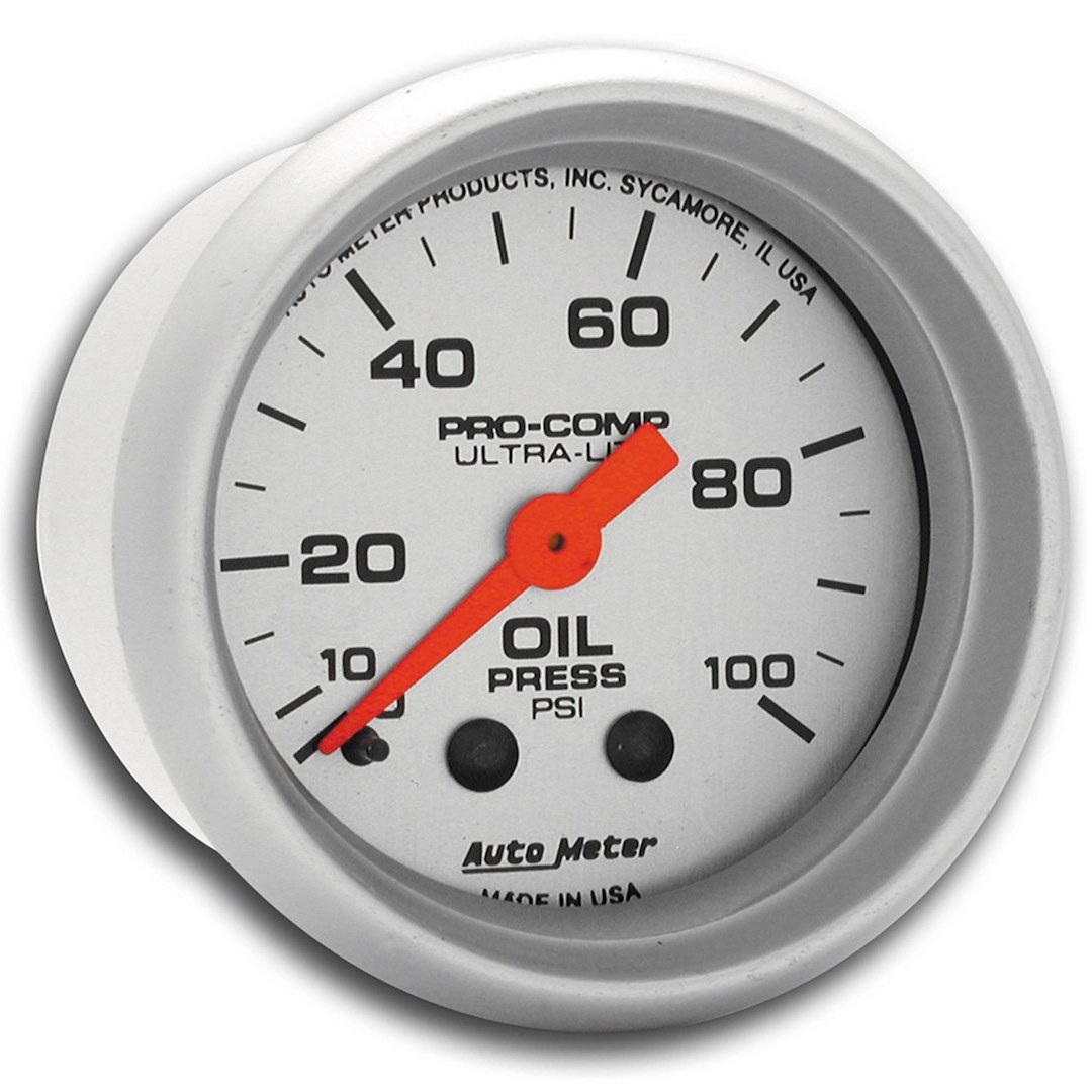AutoMeter Gauge Oil Pressure, Ultra-Lite ®, 2-1/16 Inch, Full Sweep Mechanical, Analog, 0-100 PSI, Silver Face/ Brushed Bezel/ Orange Needle – 4321