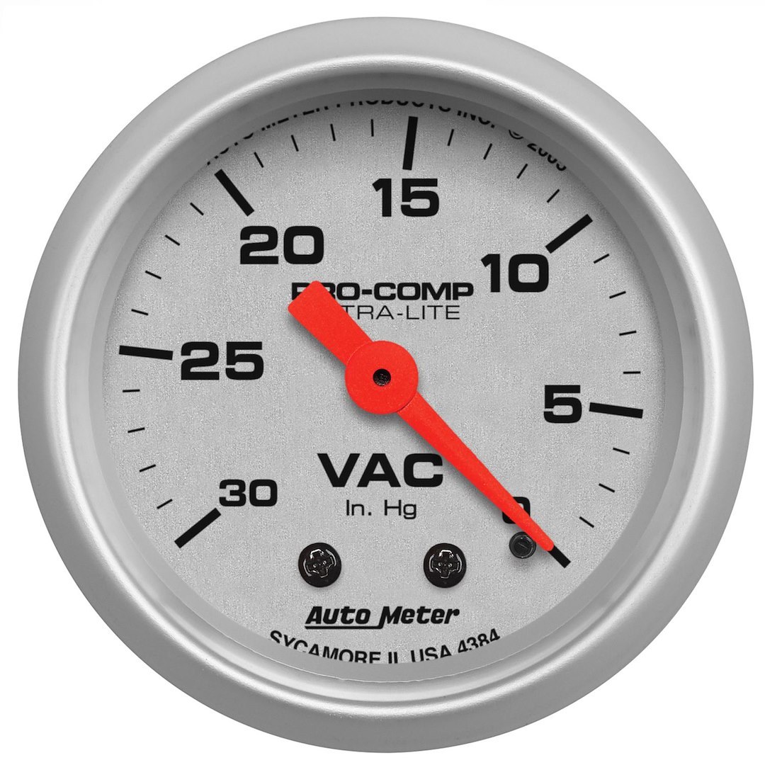AutoMeter Gauge Vacuum, Ultra-Lite ®, 2-1/16 Inch, Full Sweep Mechanical, Analog, 0-30 IN Hg, White Face/ Brushed Bezel/ Orange Needle – 4384