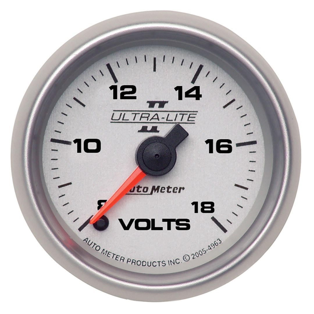 AutoMeter Gauge Voltmeter, Ultra-Lite ®, 2-1/16 Inch, Full Sweep Electric, Analog, 8-18 Volts, White Face/ Brushed Bezel/ Orange Needle – 4991