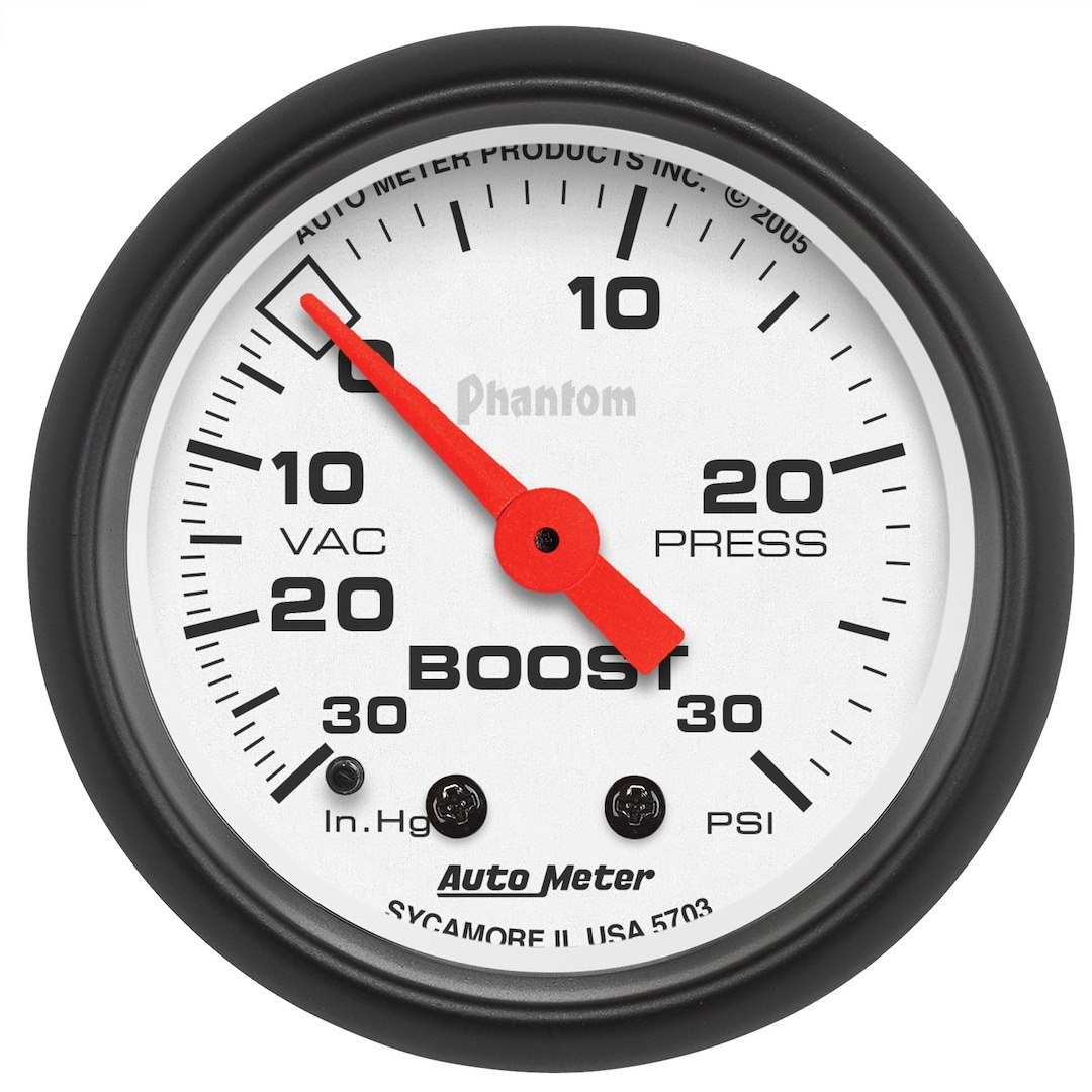 AutoMeter Gauge Boost/ Vacuum, Phantom ®, 2-1/16 Inch, Full Sweep Mechanical, 30 IN Hg-Vac/30 PSI, Analog – 5703