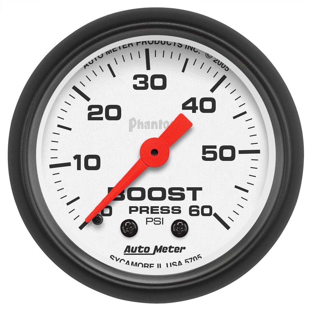 AutoMeter Gauge Boost, Phantom ®, 2-1/16 Inch, Full Sweep Mechanical, 0-60 PSI, Analog, White Face/ Black Bezel/ Orange Needle – 5705
